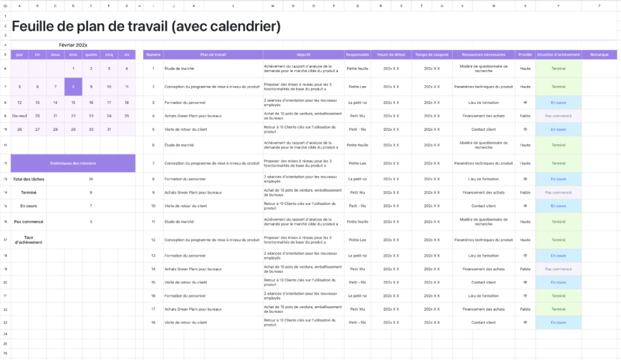 Feuille de plan de travail (avec calendrier)